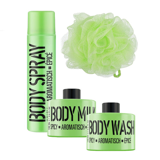 Набір: спрей для тіла,гель для душу, молочко , мочалка SPICY LIME