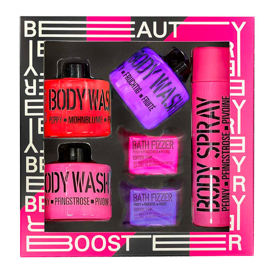 Набір: гель для душу х3, спрей для тіла х1, шипуча таблетка для ванни х2 PINK & RED & PURPLE