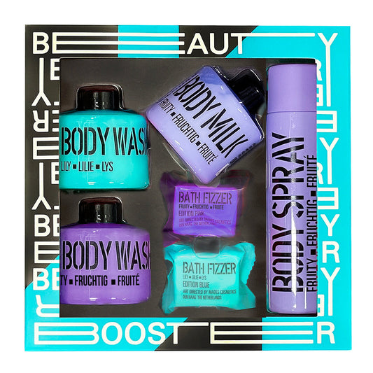 Набір: гель для душу х2, молочко для тіла х1, спрей для тіла х1, шипуча таблетка для ванни х2 LILY BLUE & FRUITY PURPLE