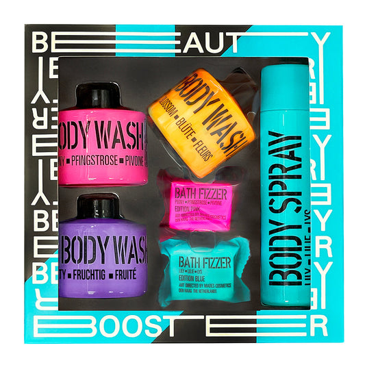 Набір: гель для душу х3, спрей для тіла х1, шипуча таблетка для ванни х2 BLUE & PINK & ORANGE & PURPLE