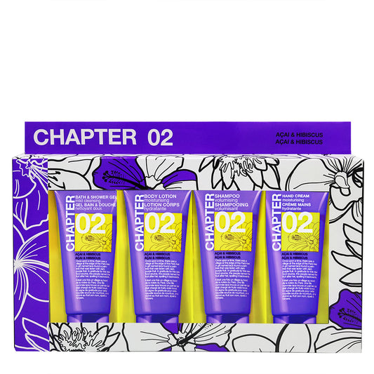 Набір для подорожей 02: гель для душу, лосьйон для тіла, шампунь, крем для рук ACAI & HIBISCUS