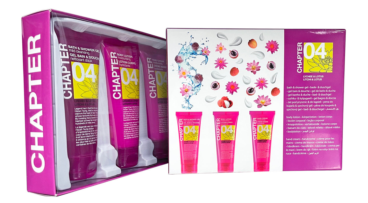 Набір для подорожей 04: гель для душу, лосьйон для тіла, крем для рук CHAPTER lychee & lotus