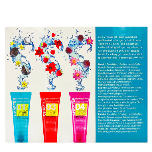 Набір для подорожей 01: гель для душу x3 CHAPTER coconut & monoi / berry & amaryllis / lychee & lotus