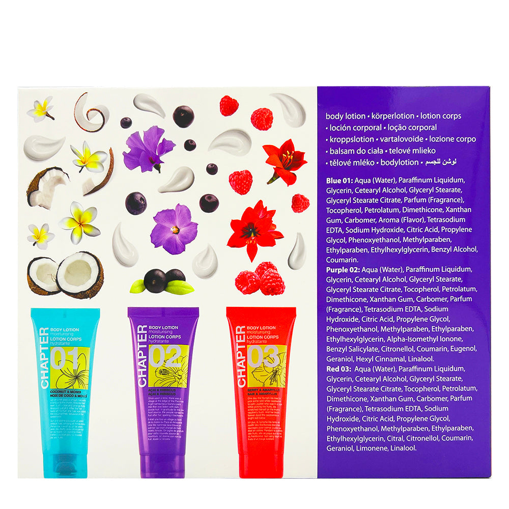 Набір для подорожей 02: гель для душу x3 CHAPTER coconut & monoi / acai & hibiscus / berry & amaryllis
