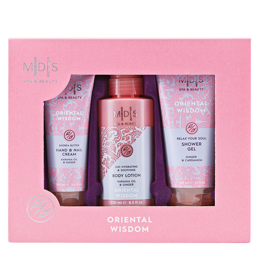 Подарунковий набір: гель для душу, лосьйон для тіла, крем для рук та нігтів ORIENTAL WISDOM aloe vera & ginger & cardamom