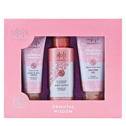 Подарунковий набір: гель для душу, лосьйон для тіла, крем для рук та нігтів ORIENTAL WISDOM aloe vera & ginger & cardamom