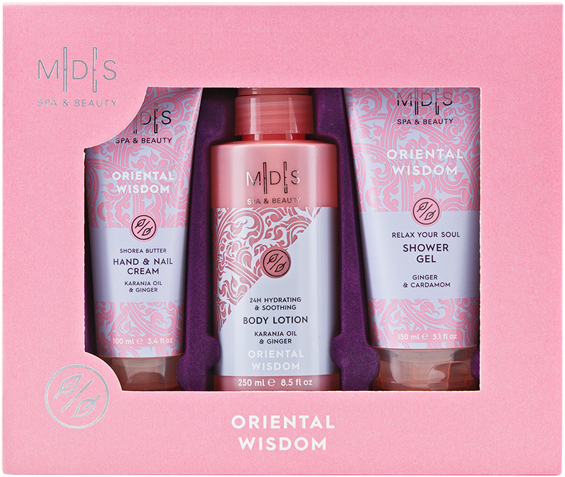 Подарунковий набір: гель для душу, лосьйон для тіла, крем для рук та нігтів ORIENTAL WISDOM aloe vera & ginger & cardamom