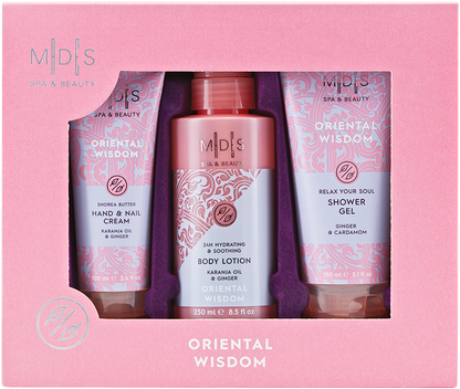 Подарунковий набір: гель для душу, лосьйон для тіла, крем для рук та нігтів ORIENTAL WISDOM aloe vera & ginger & cardamom