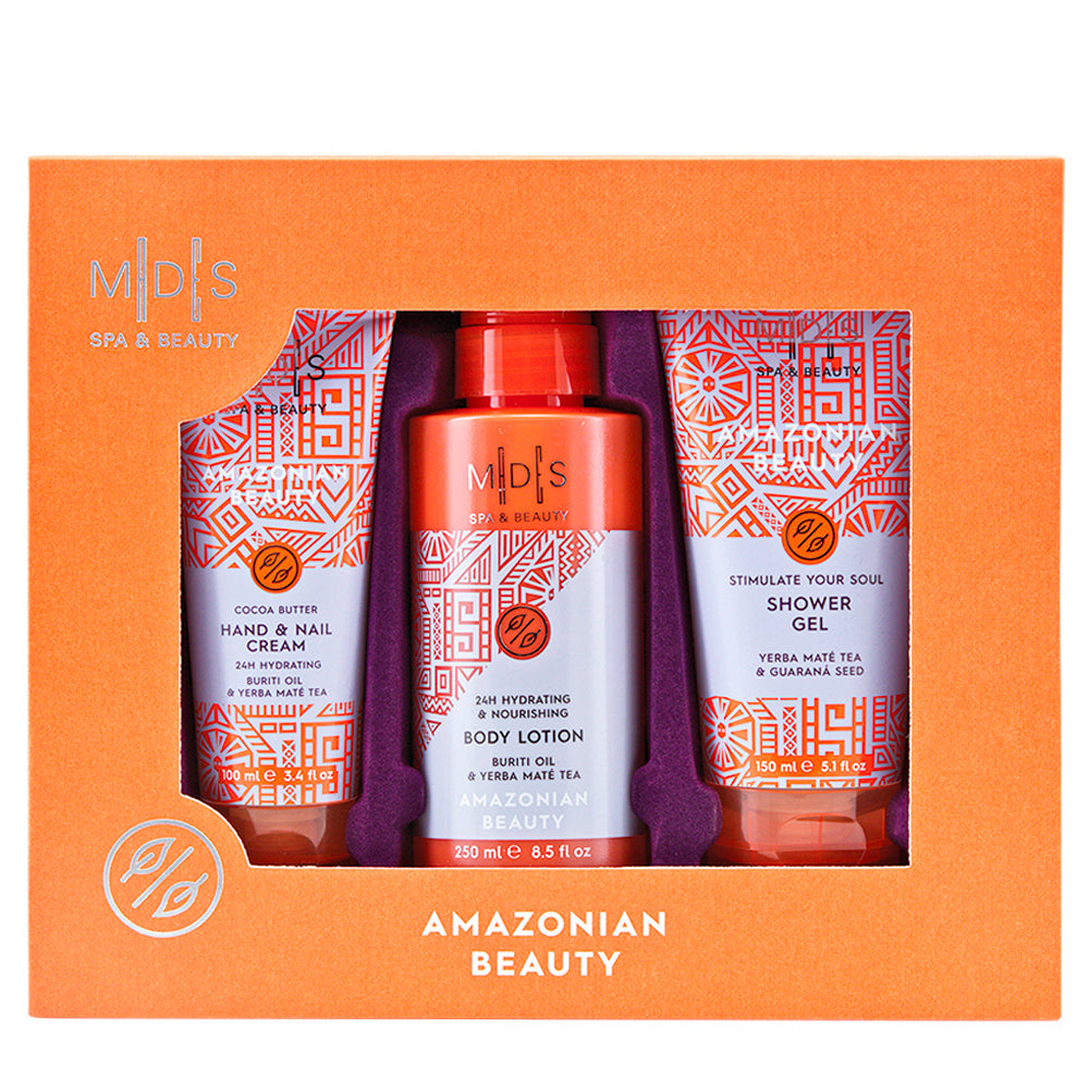 Подарунковий набір: гель для душу, лосьйон для тіла, крем для рук та нігтів AMAZONIAN BEAUTY yerba mate tea & guarana seed