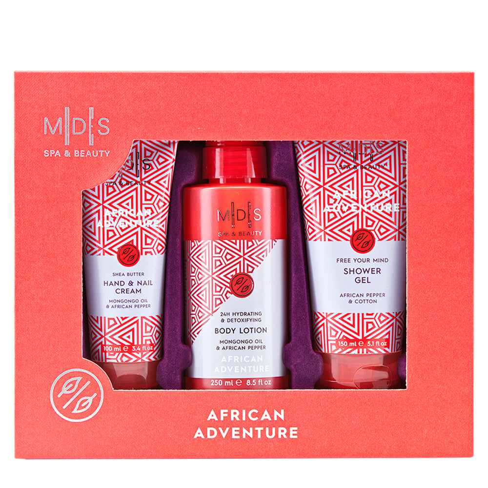 Подарунковий набір: гель для душу, лосьйон для тіла, крем для рук та нігтів AFRICAN ADVENTURE african pepper & cotton