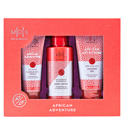 Подарунковий набір: гель для душу, лосьйон для тіла, крем для рук та нігтів AFRICAN ADVENTURE african pepper & cotton