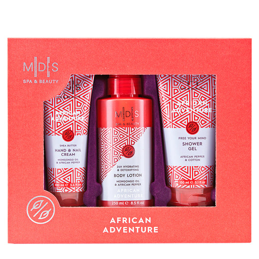 Подарунковий набір: гель для душу, лосьйон для тіла, крем для рук та нігтів AFRICAN ADVENTURE african pepper & cotton