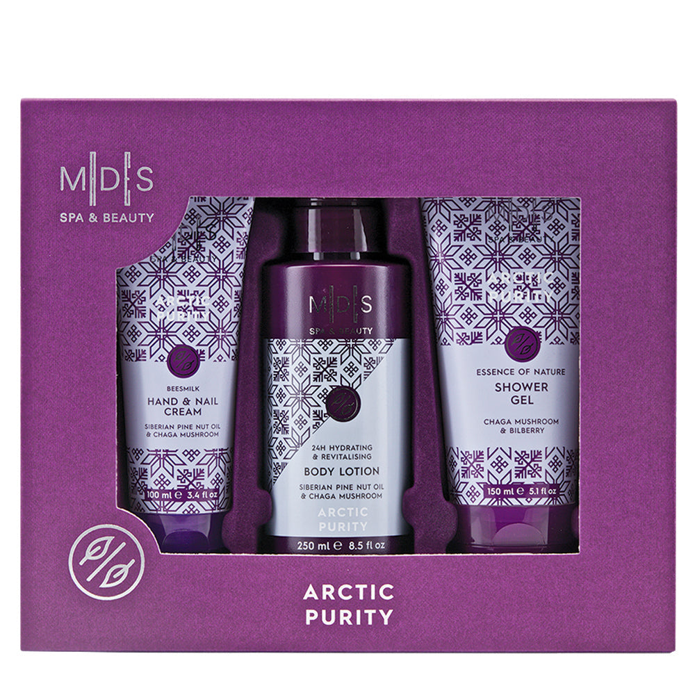 Подарунковий набір: гель для душу, лосьйон для тіла, крем для рук та нігтів ARCTIC PURITY chaga mushroom & bilberry