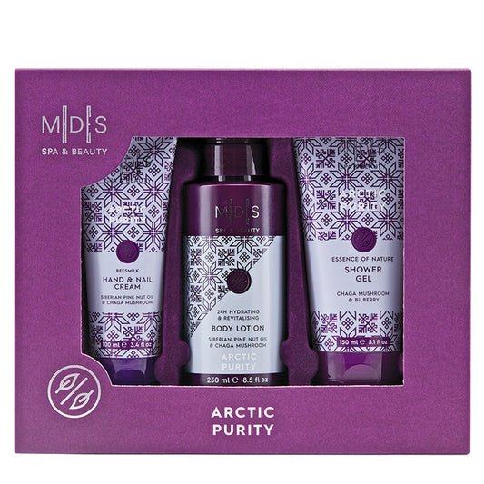 Подарунковий набір: гель для душу, лосьйон для тіла, крем для рук та нігтів ARCTIC PURITY chaga mushroom & bilberry