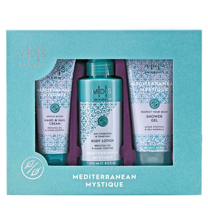 Подарунковий набір: гель для душу, лосьйон для тіла, крем для рук та нігтів MEDITERRANEAN MYSTIQUE algae cocktail & sea minerals